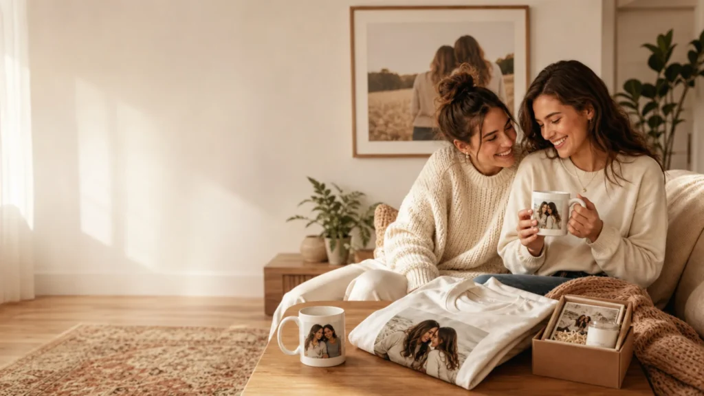 Personalized gifts for best friends featuring custom mug, t-shirt, wall art and home decor in a warm lifestyle scene